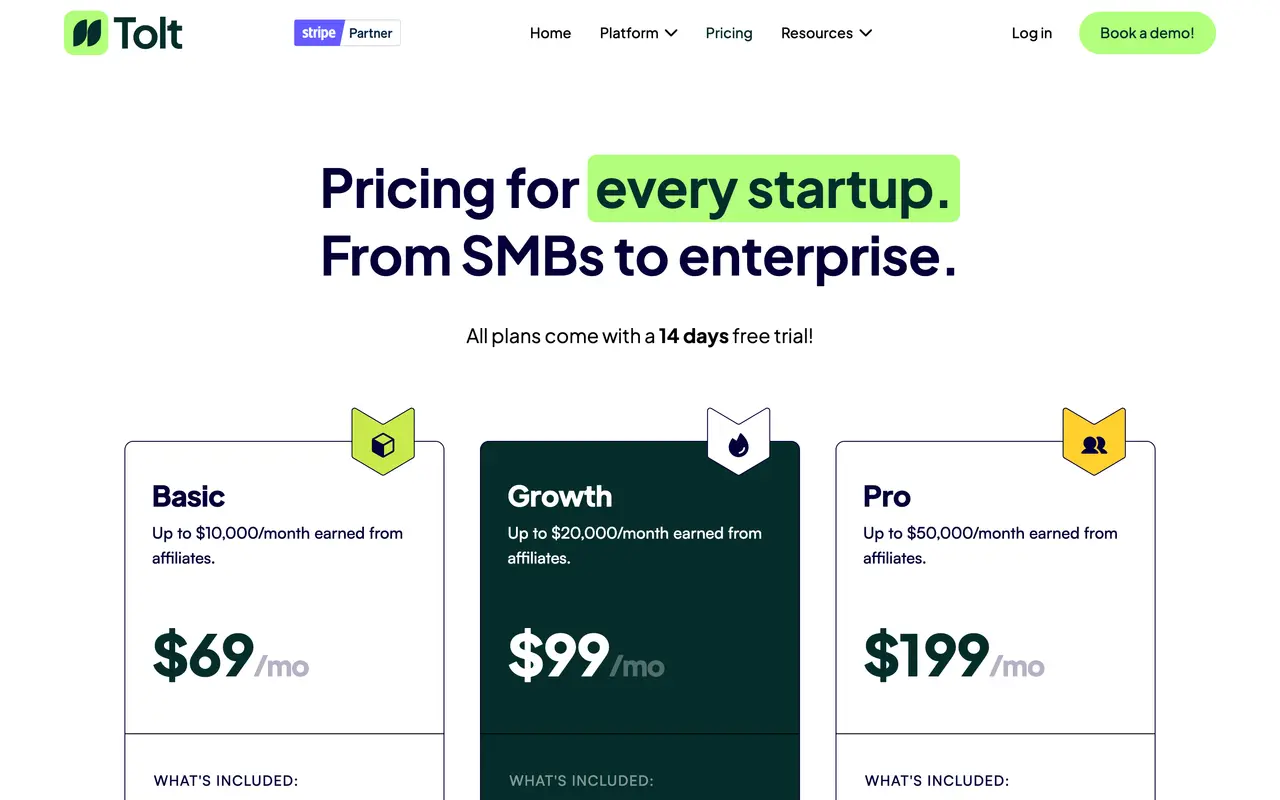 Tolt pricing page - Affiliate & Partner SaaS pricing tiers and plans