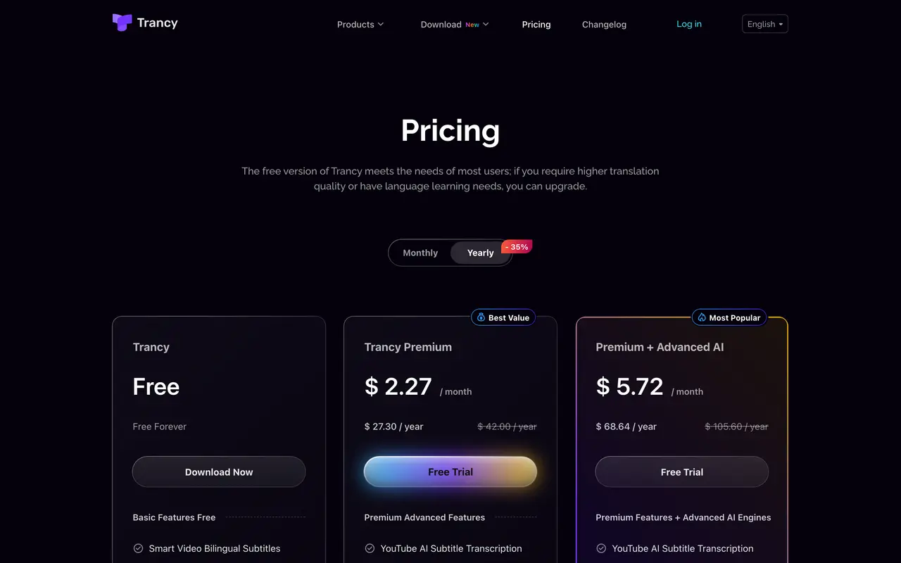 Trancy pricing page - Chrome Extension SaaS pricing tiers and plans