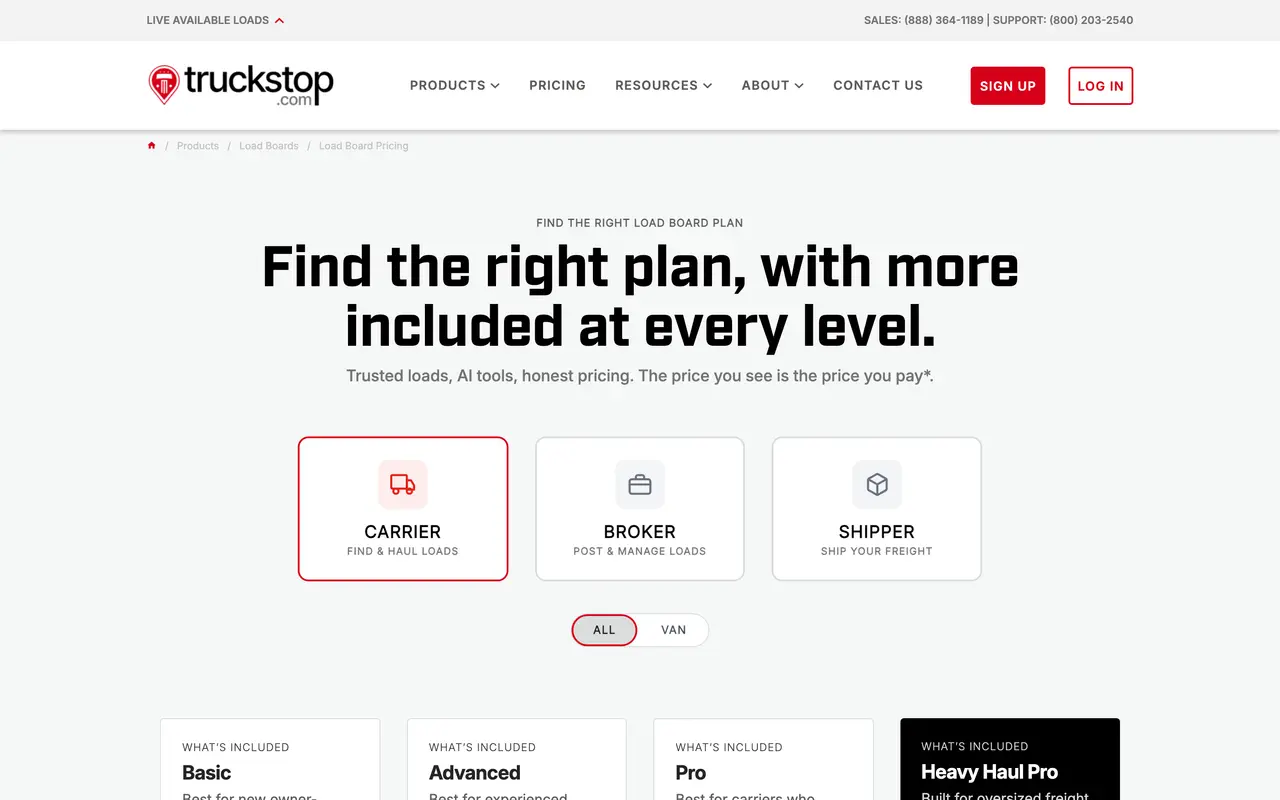 Truckstop pricing page - Logistics SaaS pricing tiers and plans