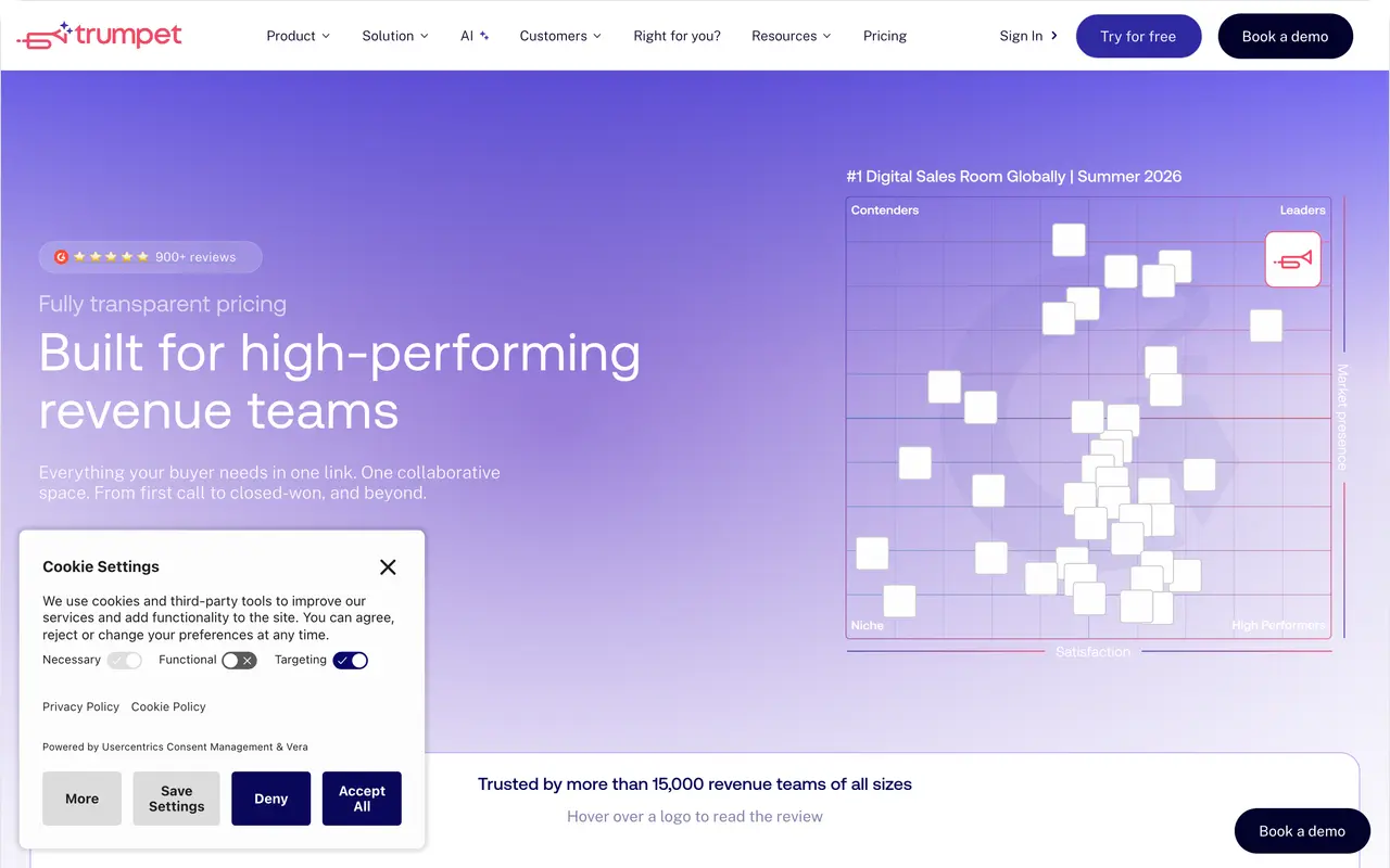 Trumpet pricing page - Sales Enablement SaaS pricing tiers and plans