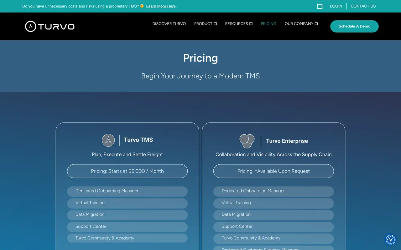 Turvo pricing page - Logistics SaaS pricing tiers and plans