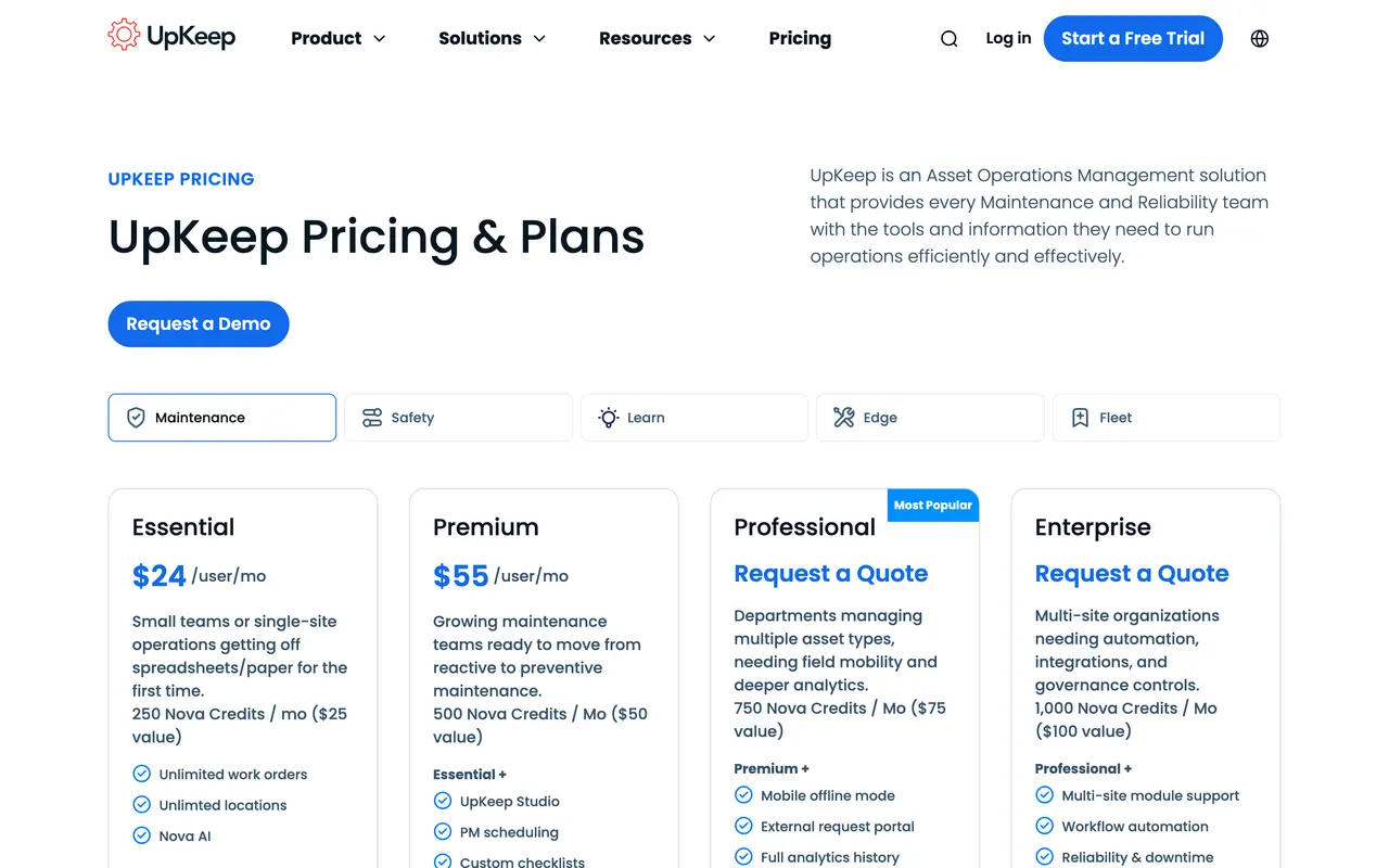 UpKeep pricing page - Maintenance SaaS pricing tiers and plans