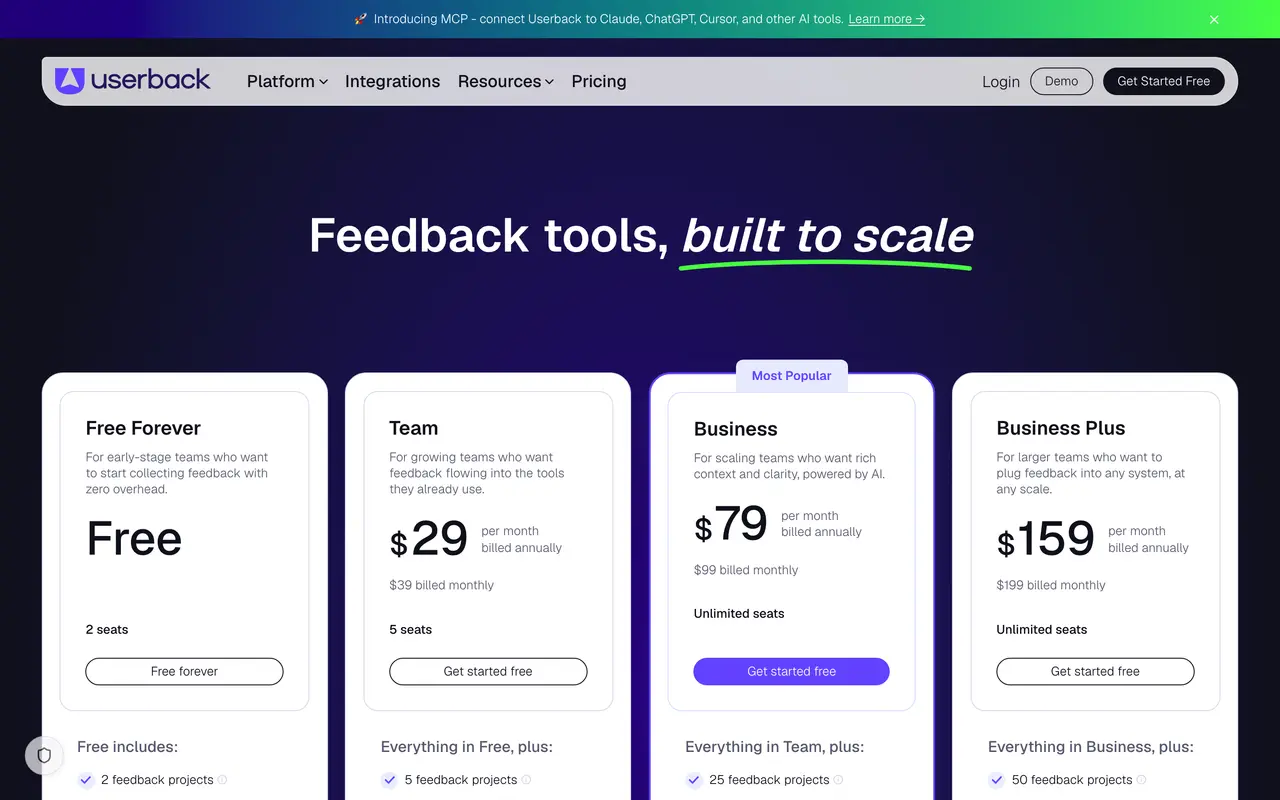 Userback pricing page - Feedback SaaS pricing tiers and plans