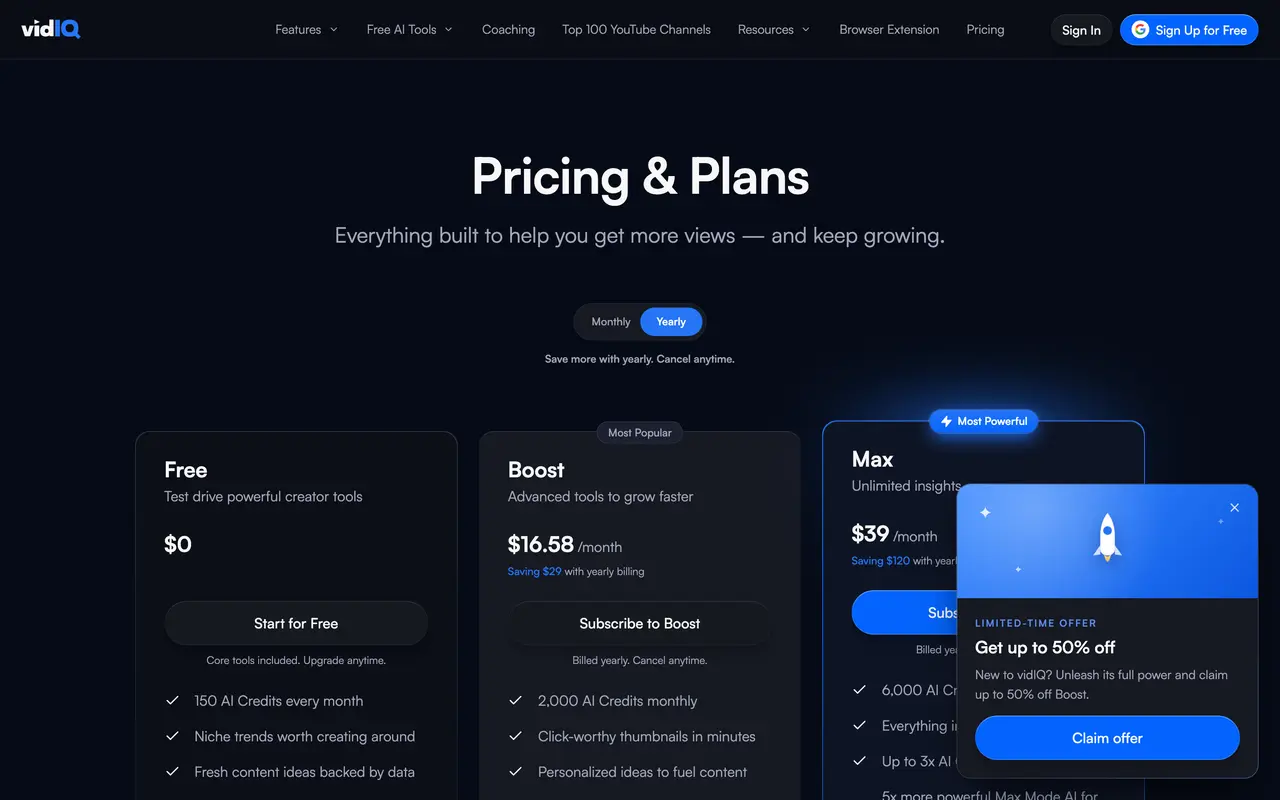 vidIQ pricing page - Chrome Extension SaaS pricing tiers and plans