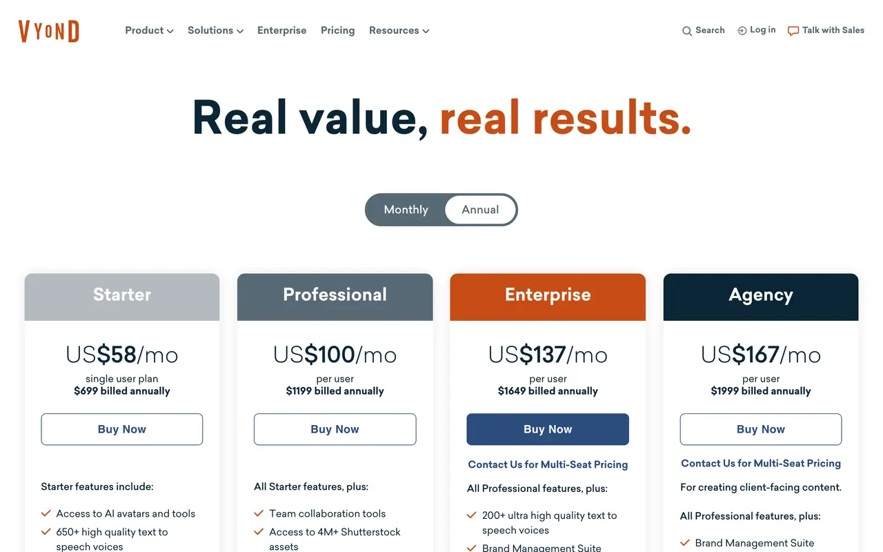 Vyond pricing page - Animation SaaS pricing tiers and plans