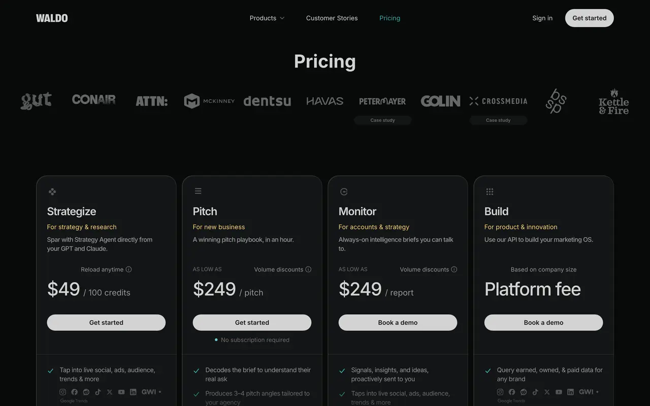 Waldo pricing page - AI Search & RAG SaaS pricing tiers and plans