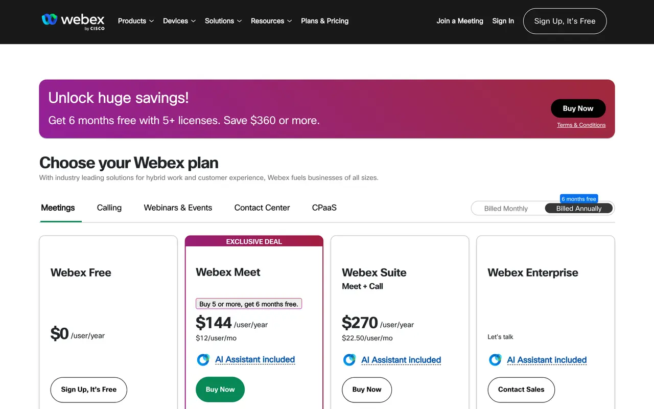 Webex pricing page - Webinar & Virtual Meeting SaaS pricing tiers and plans