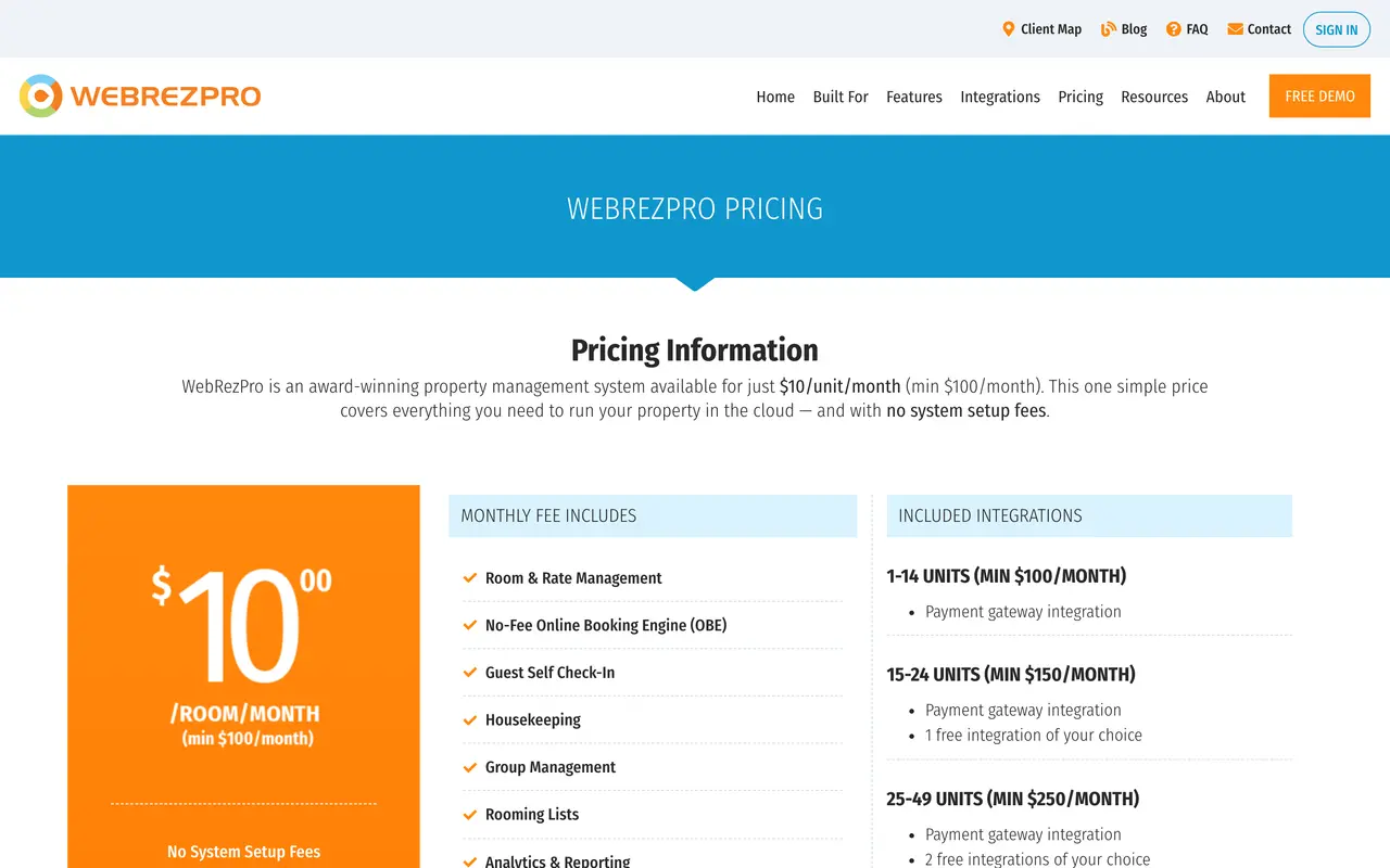 WebRezPro pricing page - Hotel SaaS pricing tiers and plans