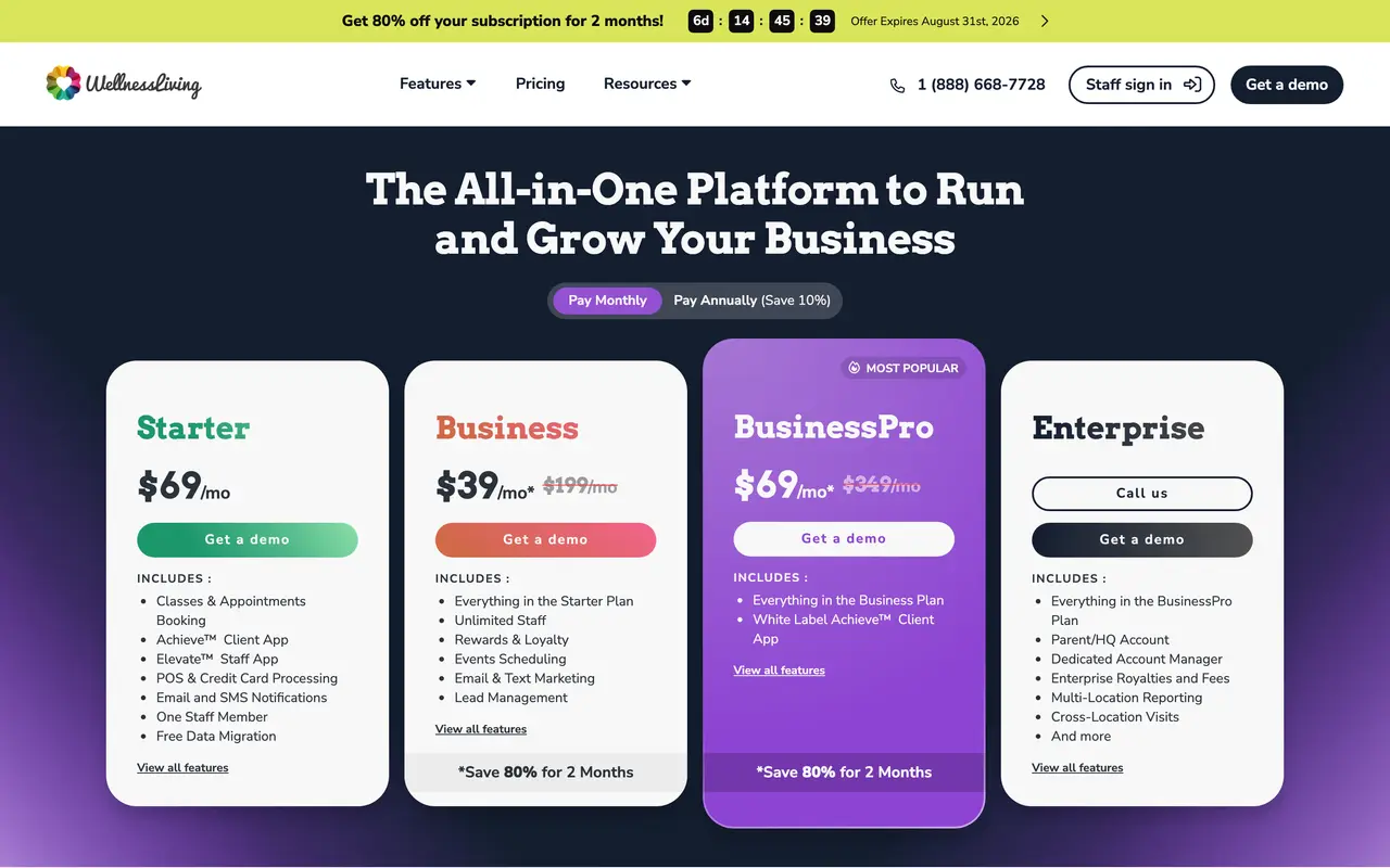 WellnessLiving pricing page - Fitness SaaS pricing tiers and plans