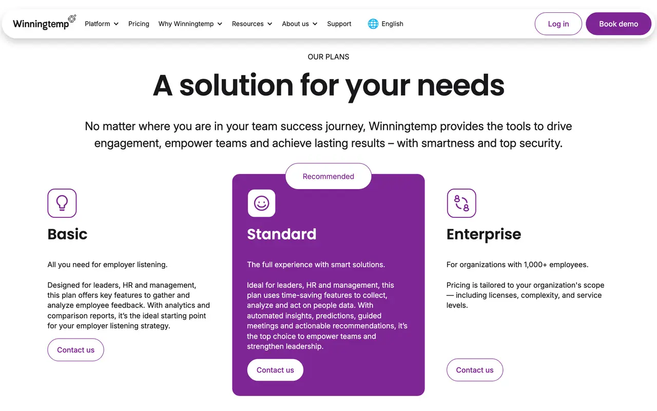 Winningtemp pricing page - Employee Engagement SaaS pricing tiers and plans