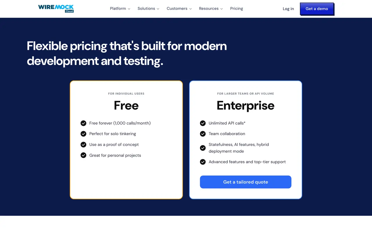 WireMock pricing page - API Mocking SaaS pricing tiers and plans