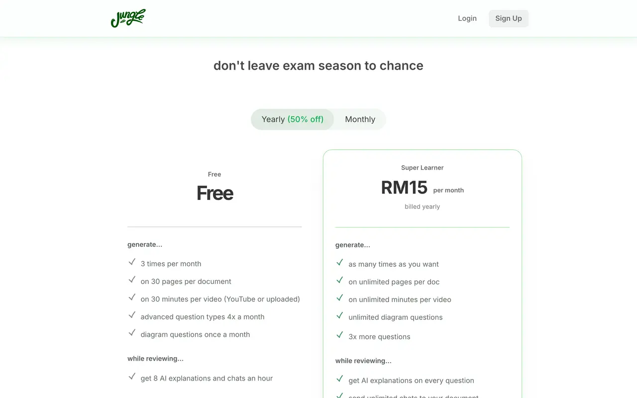 Jungle pricing page - AI Education SaaS pricing tiers and plans