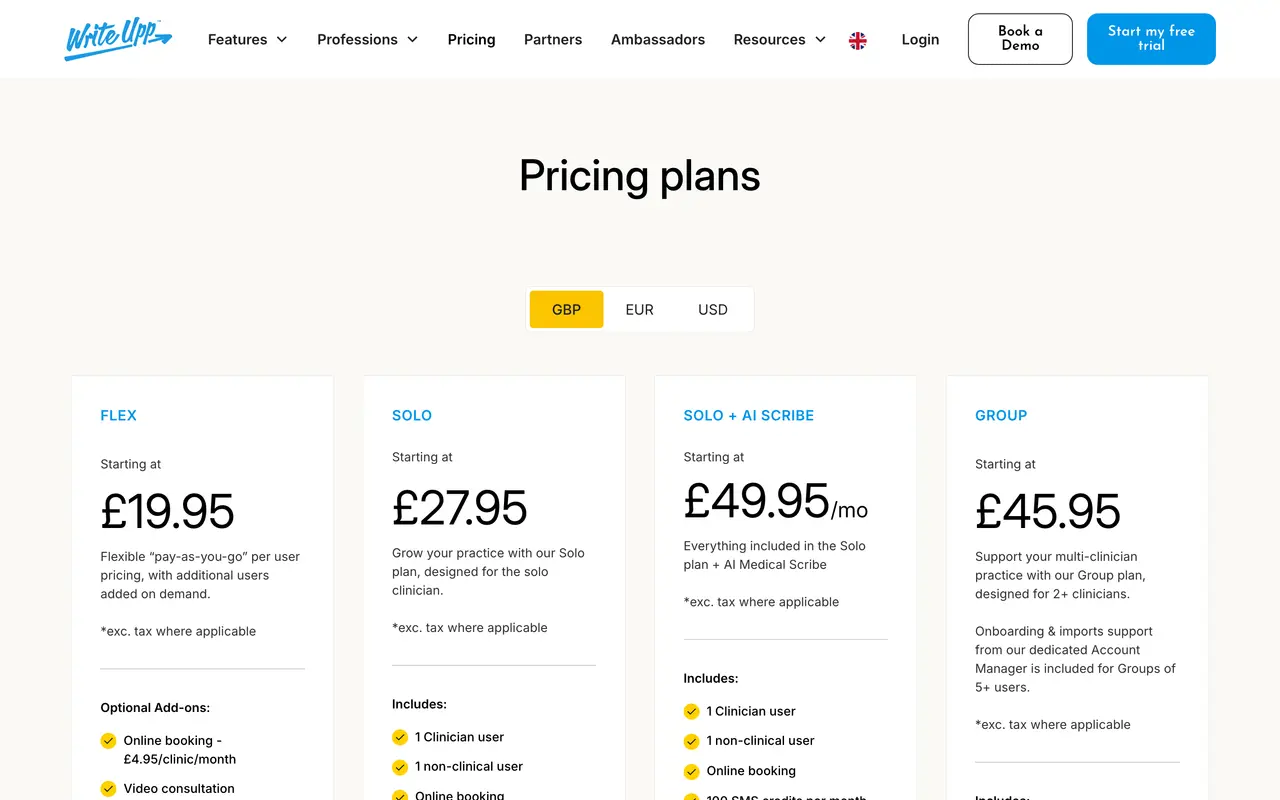 WriteUpp pricing page - Healthcare SaaS pricing tiers and plans