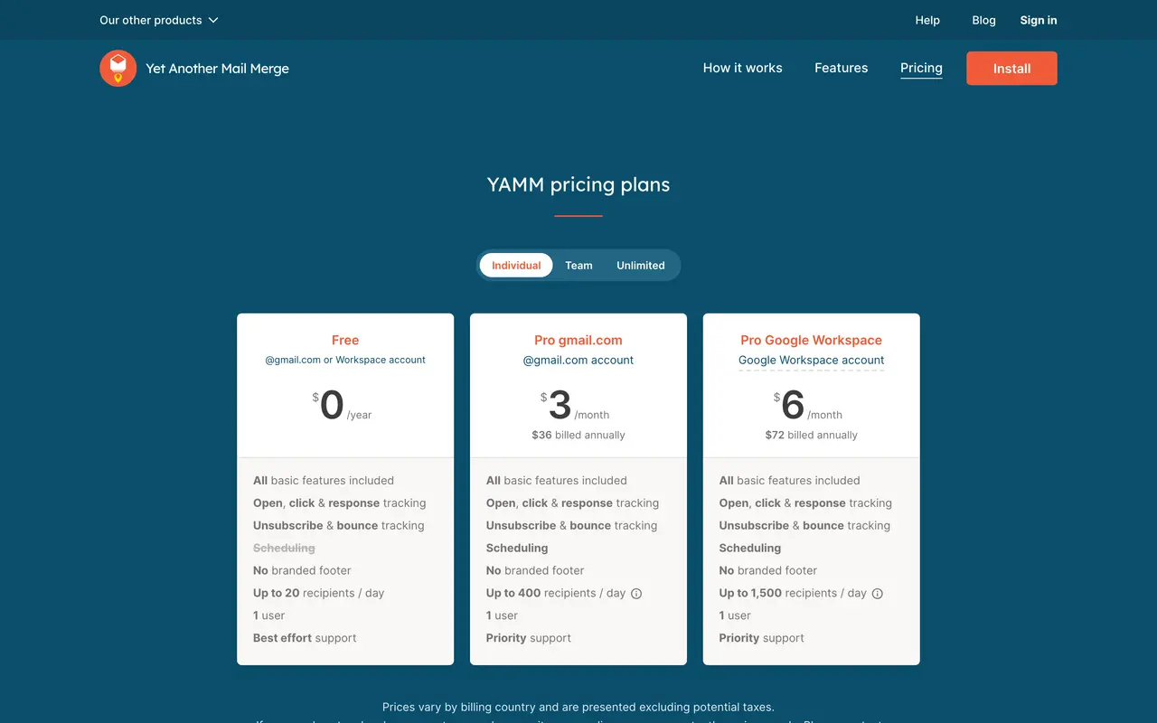 YAMM pricing page - Google Workspace SaaS pricing tiers and plans