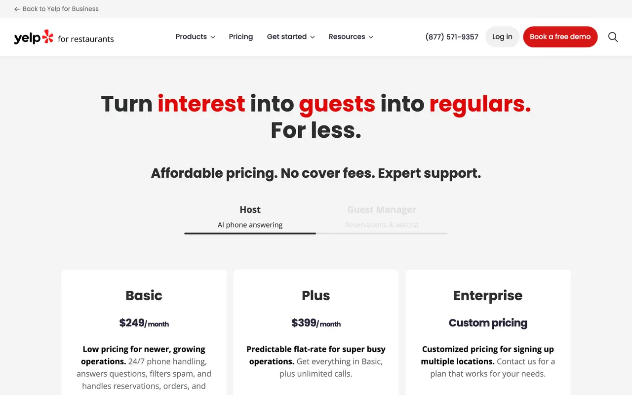 Yelp Guest Manager pricing page - Restaurant SaaS pricing tiers and plans