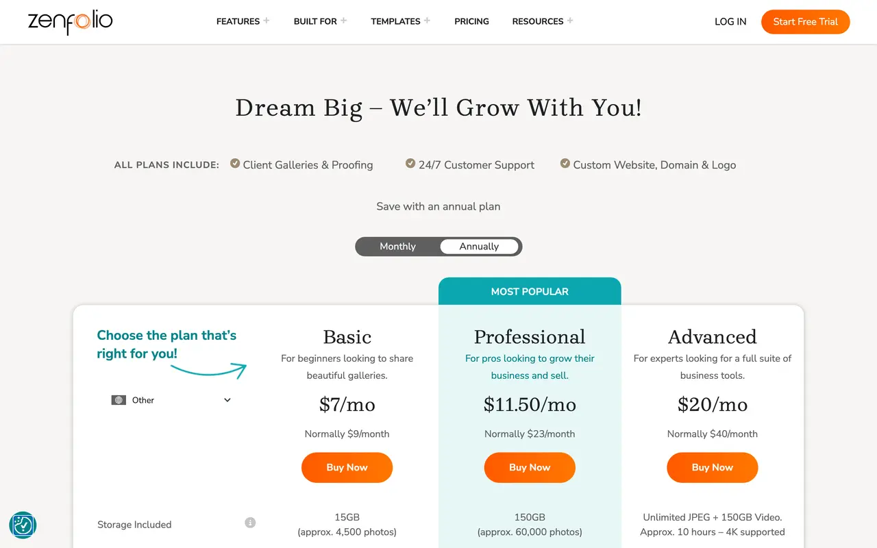 Zenfolio pricing page - Digital Asset Management SaaS pricing tiers and plans