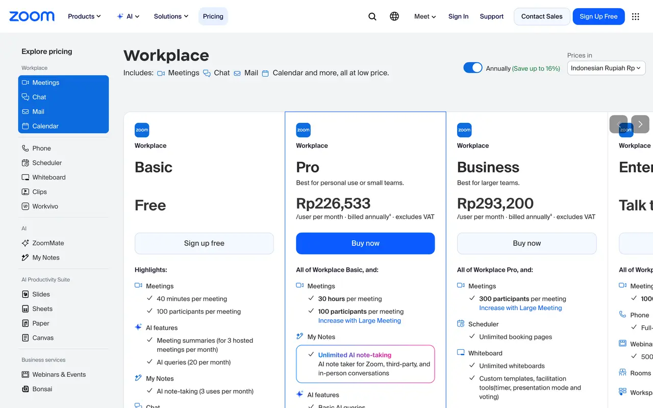 Zoom pricing page - Webinar & Virtual Meeting SaaS pricing tiers and plans